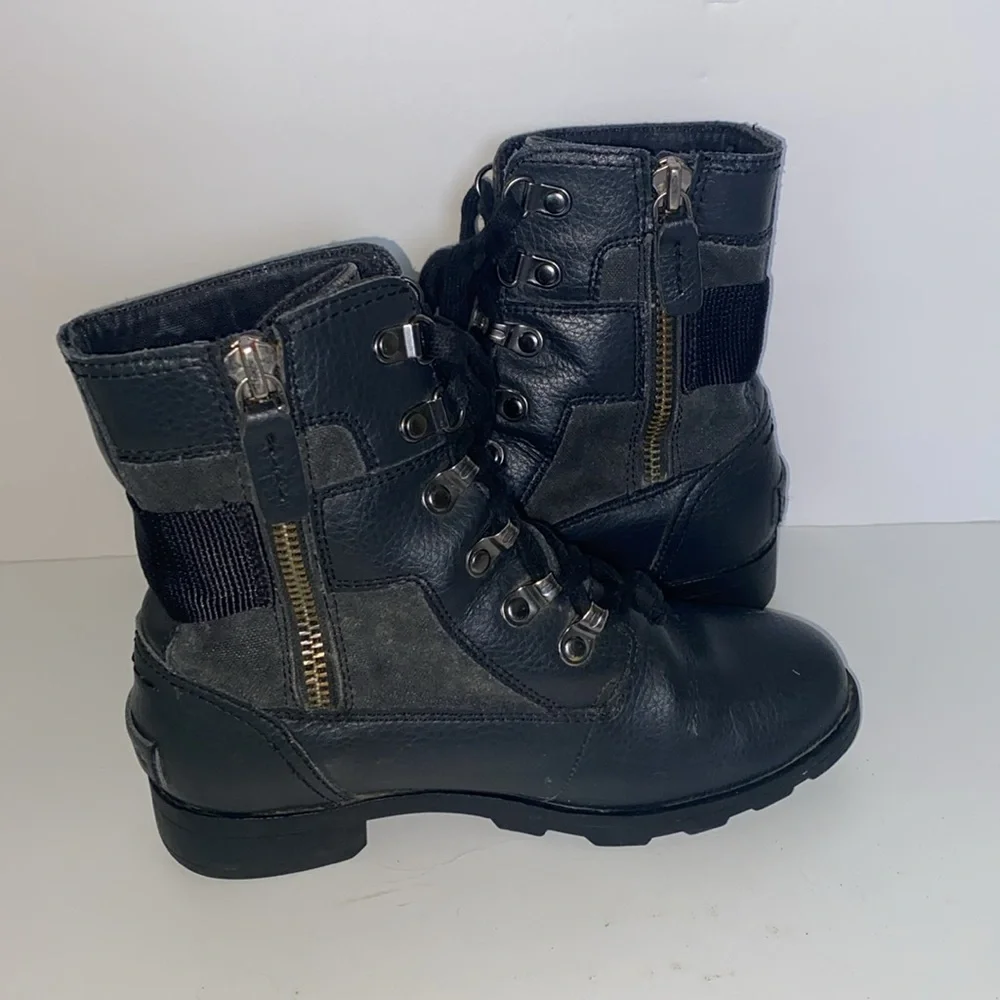 Sorel Girks Black Leather Combat Boots Lace Up Side Zip Youth Sz 2